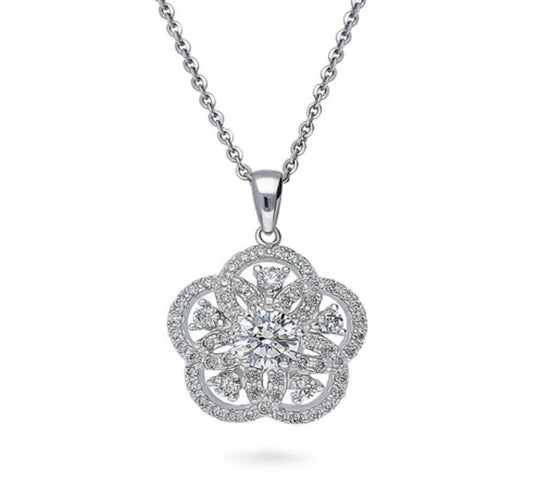 Flower CZ Pendant Necklace in Sterling Silver