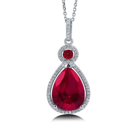 Halo Simulated Ruby Pear CZ Pendant Necklace in Sterling Silver
