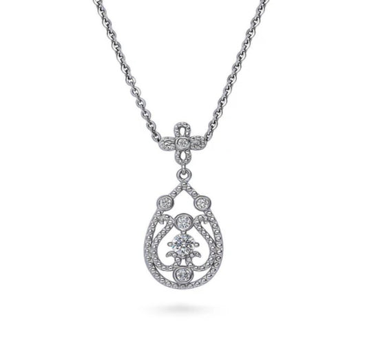 Art Deco Milgrain CZ Pendant Necklace in Sterling Silver