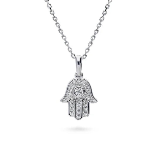 Hamsa Hand CZ Pendant Necklace in Sterling Silver