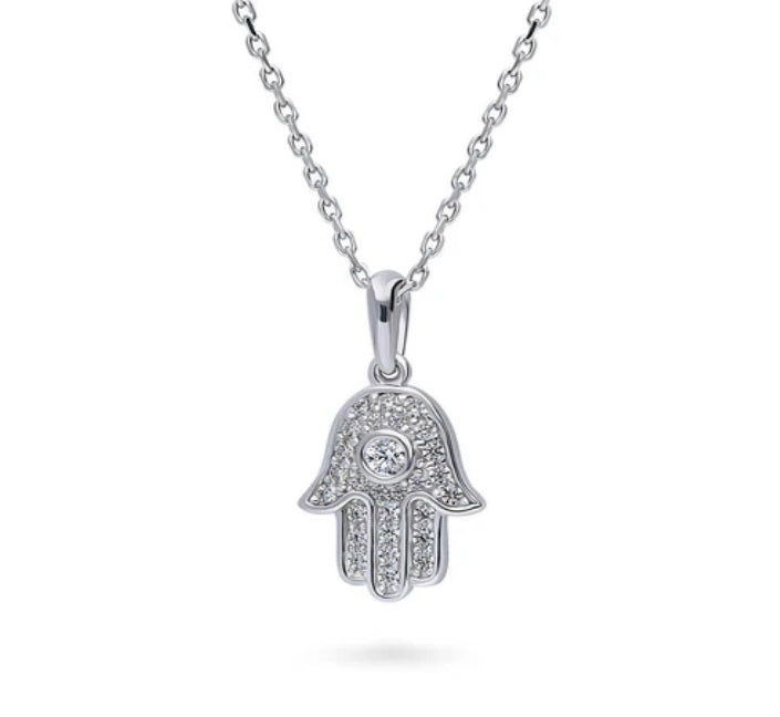 Hamsa Hand CZ Pendant Necklace in Sterling Silver