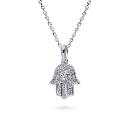 Hamsa Hand CZ Pendant Necklace in Sterling Silver