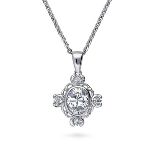 Flower Art Deco CZ Pendant Necklace in Sterling Silver