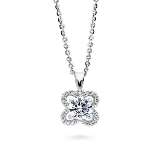 Flower Halo CZ Pendant Necklace in Sterling Silver