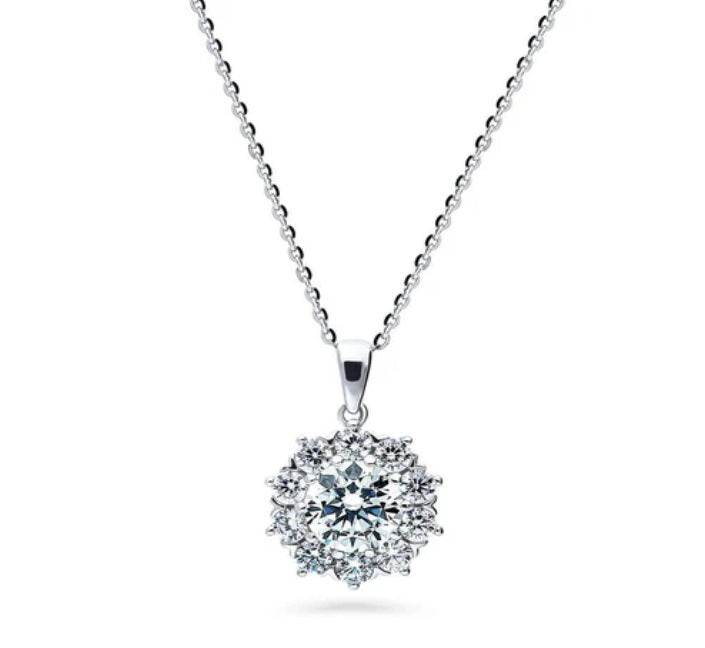 Flower Halo CZ Statement Pendant Necklace in Sterling Silver
