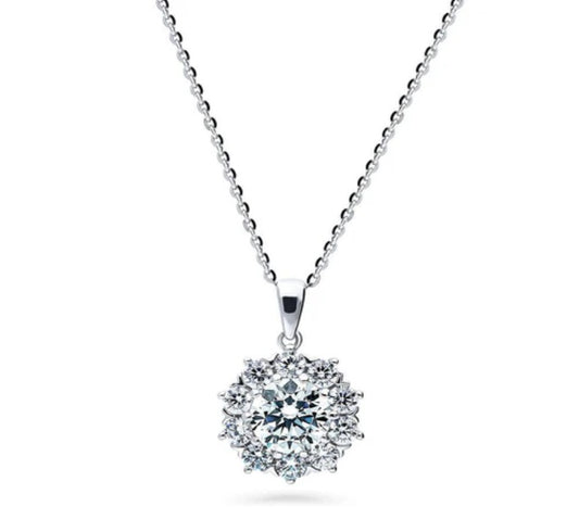 Flower Halo CZ Statement Pendant Necklace in Sterling Silver