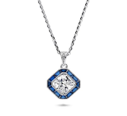 Halo Art Deco Princess CZ Pendant Necklace in Sterling Silver
