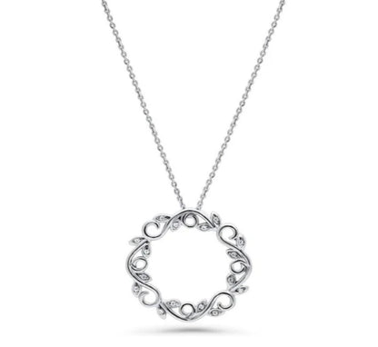 Leaf Filigree CZ Pendant Necklace in Sterling Silver