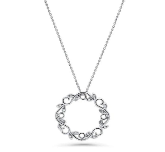 Leaf Filigree CZ Pendant Necklace in Sterling Silver