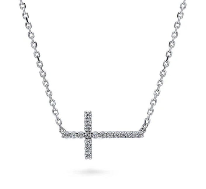 Sideways Cross CZ Pendant Necklace in Sterling Silver