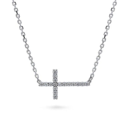 Sideways Cross CZ Pendant Necklace in Sterling Silver