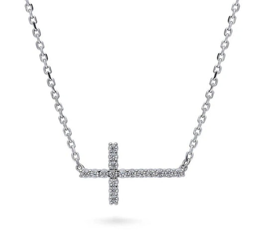 Sideways Cross CZ Pendant Necklace in Sterling Silver