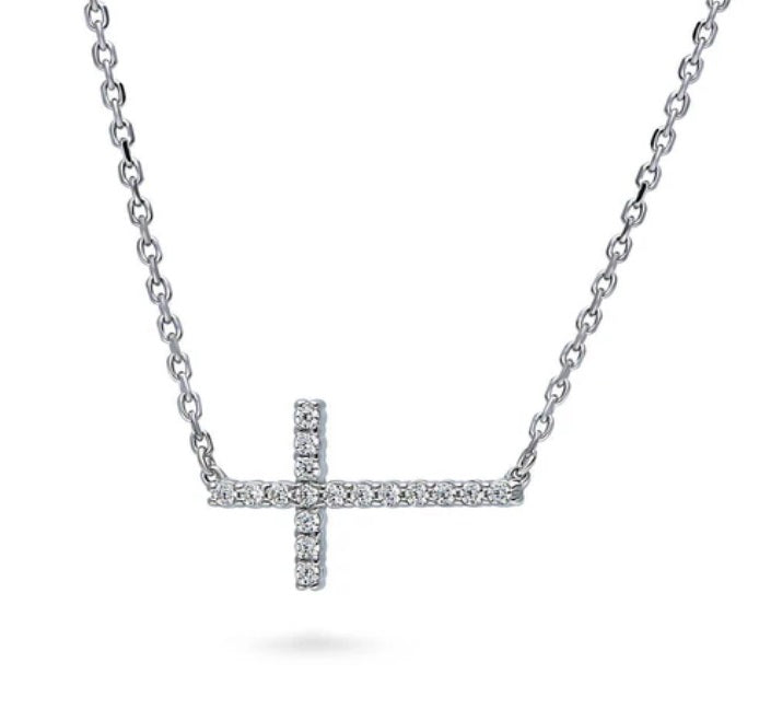 Sideways Cross CZ Pendant Necklace in Sterling Silver