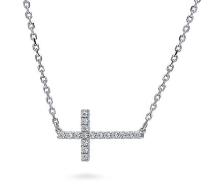 Sideways Cross CZ Pendant Necklace in Sterling Silver