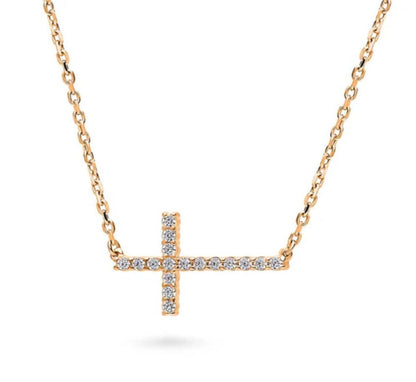 Sideways Cross CZ Pendant Necklace in Rose Gold Flashed Sterling Silver