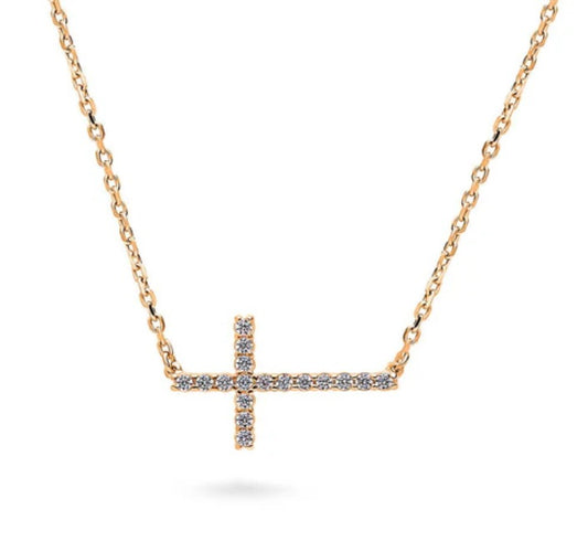 Sideways Cross CZ Pendant Necklace in Rose Gold Flashed Sterling Silver