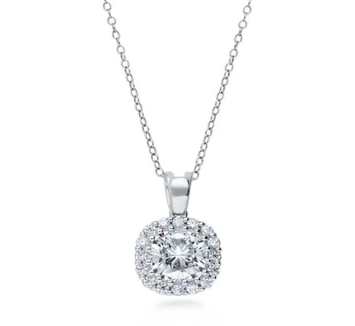 Halo Cushion CZ Pendant Necklace in Sterling Silver