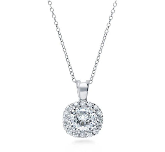 Halo Cushion CZ Pendant Necklace in Sterling Silver