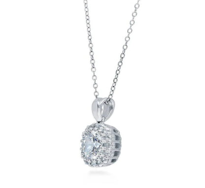 Halo Cushion CZ Pendant Necklace in Sterling Silver