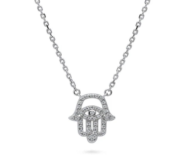 Hamsa Hand Evil Eye CZ Pendant Necklace in Sterling Silver