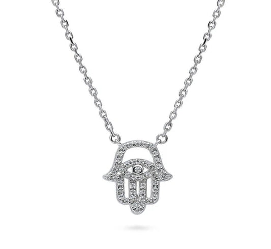 Hamsa Hand Evil Eye CZ Pendant Necklace in Sterling Silver