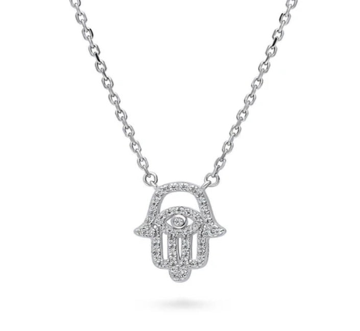 Hamsa Hand Evil Eye CZ Pendant Necklace in Sterling Silver