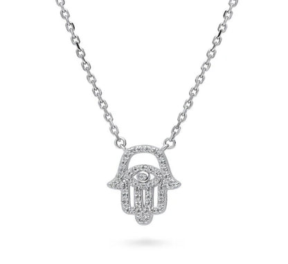 Hamsa Hand Evil Eye CZ Pendant Necklace in Sterling Silver