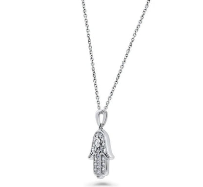 Hamsa Hand CZ Pendant Necklace in Sterling Silver