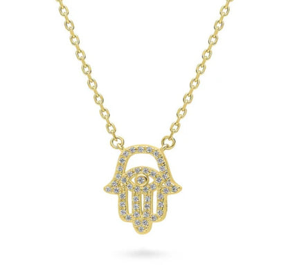 Hamsa Hand Evil Eye CZ Pendant Necklace in Gold Flashed Sterling Silver