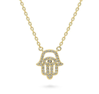 Hamsa Hand Evil Eye CZ Pendant Necklace in Gold Flashed Sterling Silver