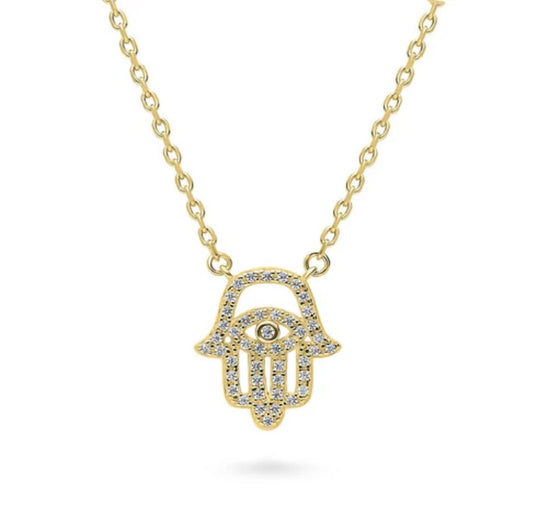 Hamsa Hand Evil Eye CZ Pendant Necklace in Gold Flashed Sterling Silver