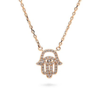 Hamsa Hand Evil Eye CZ Necklace in Rose Gold Flashed Sterling Silver