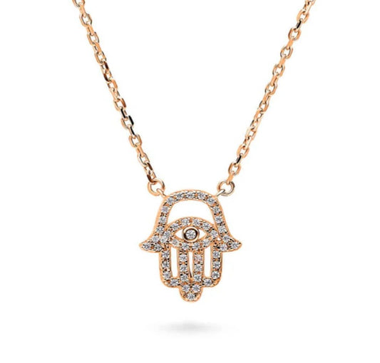 Hamsa Hand Evil Eye CZ Necklace in Rose Gold Flashed Sterling Silver
