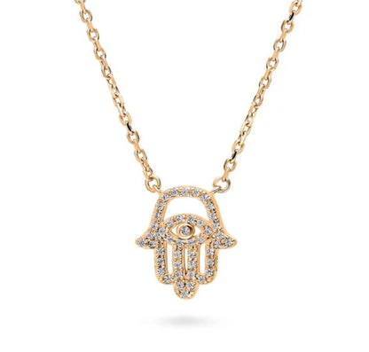 Hamsa Hand Evil Eye CZ Necklace in Rose Gold Flashed Sterling Silver