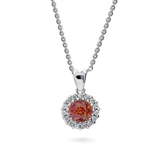 Halo Kaleidoscope Red Orange Round CZ Necklace in Sterling Silver