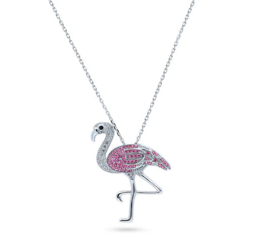 Flamingo CZ Pendant Necklace in Sterling Silver