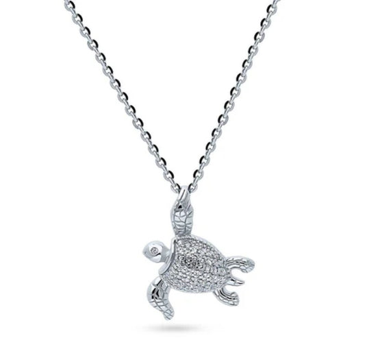 Turtle CZ Pendant Necklace in Sterling Silver