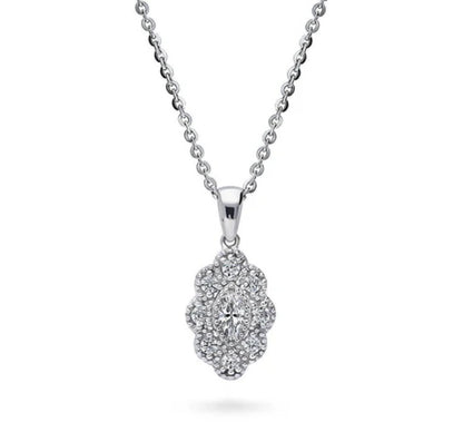 Halo Navette Marquise CZ Pendant Necklace in Sterling Silver