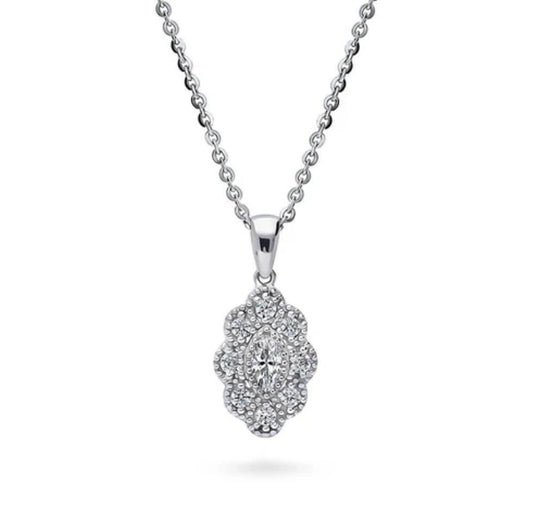 Halo Navette Marquise CZ Pendant Necklace in Sterling Silver