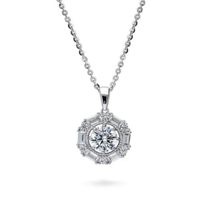 Halo Cable Round CZ Pendant Necklace in Sterling Silver