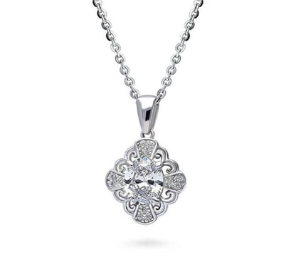 Halo Flower Oval CZ Pendant Necklace in Sterling Silver
