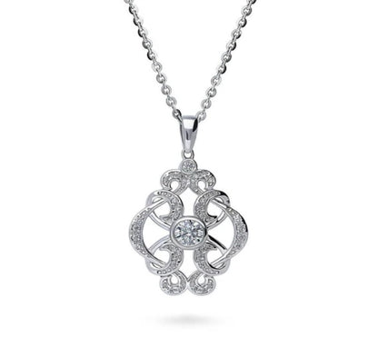 Flower Art Deco CZ Pendant Necklace in Sterling Silver