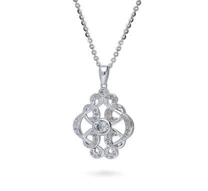 Flower Art Deco CZ Pendant Necklace in Sterling Silver