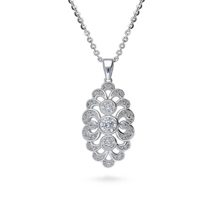 Navette Art Deco CZ Pendant Necklace in Sterling Silver