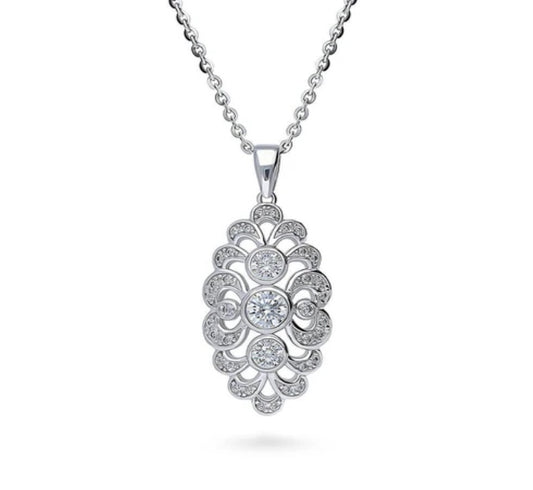 Navette Art Deco CZ Pendant Necklace in Sterling Silver
