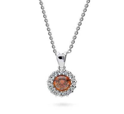 Halo Caramel Round CZ Pendant Necklace in Sterling Silver