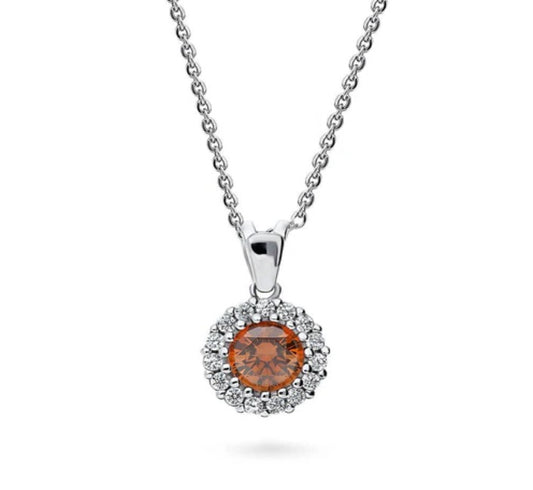 Halo Caramel Round CZ Pendant Necklace in Sterling Silver