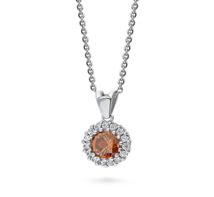 Halo Caramel Round CZ Pendant Necklace in Sterling Silver