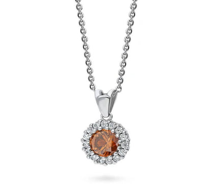 Halo Caramel Round CZ Pendant Necklace in Sterling Silver