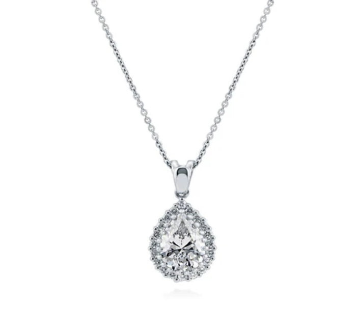 Halo Pear CZ Pendant Necklace in Sterling Silver